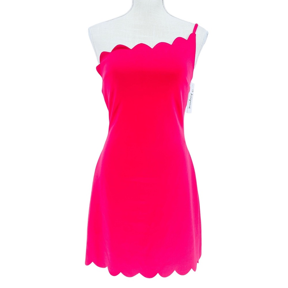 Xtraordinary One Shoulder Dress Womens Medium Pink Scallop Bodycon Party Mini